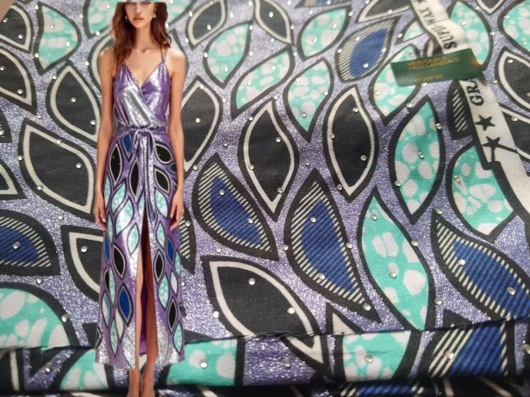 Sıcak sabitlenmiş Rhinestones ile Afrika Balmumu Baskı Kumaşı 91% Pamuk 9% Spandex, Yüksek kırışıklık direnci, Mükemmel Elastik Geri Dönüşüm